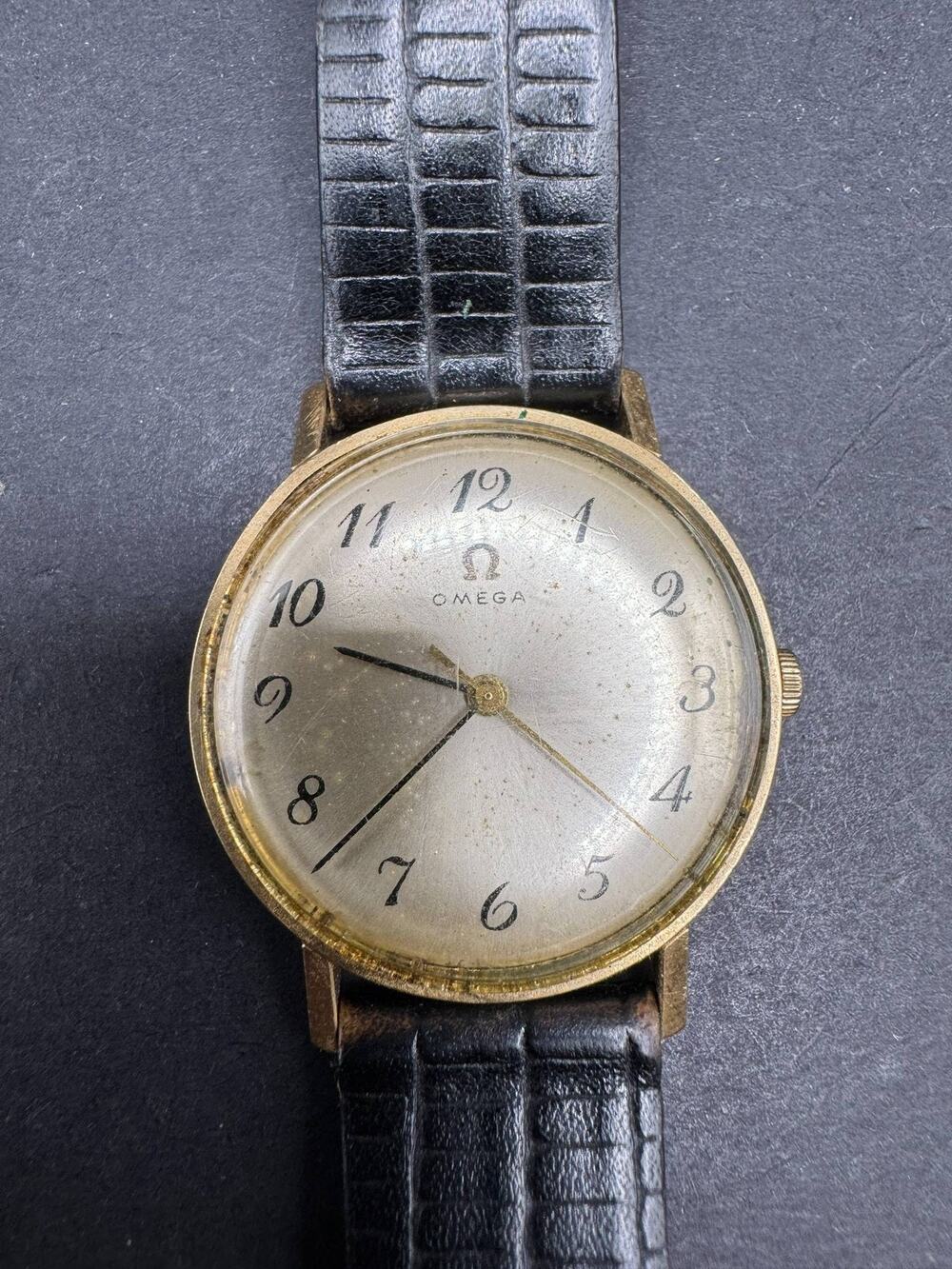 Vintage Omega 14k Gold Filled Case Mens Wristwatch Black Leather Strap Working